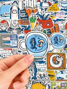 50pcs Original Hand-Drawn Cartoon Crayon Cat & Fish Creative Cute Adorable DIY Storage Box & Planner Decorative Stickers - Multicolor - View 7