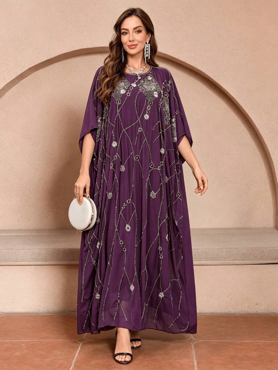 JINLICX Plus Size Shimmer Purple Silver Embellished Floor Length Gala Wedding Guest Gown