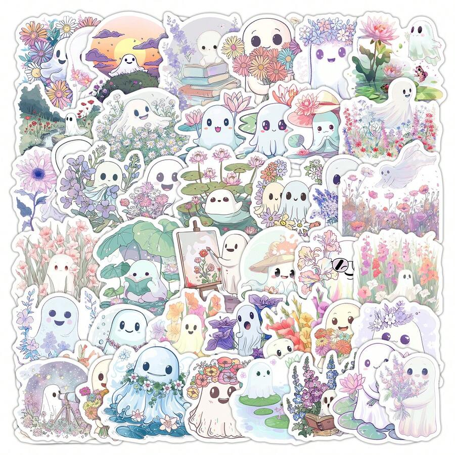50pcs Cute Halloween Flower & Ghost Doodle Stickers, Waterproof Decorative Cartoon Stickers For Water Cups - Multicolor - View 1