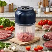 Electric Garlic Chopper, 4 Sharp Blades,Portable Veggie Chopper, 300ML Garlic Grinder Masher Onion Chopper, Blender To Vegetable, Cordless Food Processor For Ginger, Chili, Fruit, Meat, Spices, Beans, Etc - Blue - View 1