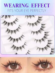 7 Pairs Manga Invisible Band Segmented Lashes 3D Clear Band Lashes Natural Look Wispy Mink Eyelashes Cosplay Manga Cat Eye Lashes - Black - View 6