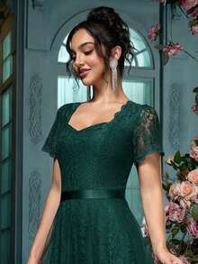 Women's Sweetheart Neckline Lace Flowy Mesh Cocktail Party Dress Fall - Dark Green - View 7
