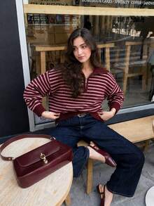 SEREN New Autumn/Winter Half-Button Cardigan Collar Contrast Striped Sweater, Vintage Y2K Top, Casual Loose Fit, Suitable For Commute And Outdoor Wear - Red - View 5