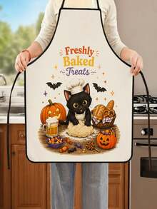 1pc Halloween Baking Theme Apron, 55x68cm Large Size Black Border Kitchen Decor, Printed With Cute Cat And Pumpkin Pattern Autumn Holiday Table Party Accessory, Suitable For Cooking In Autumn And Winter - Multicolor 1 - View 5