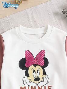 Disney Authorized Baby Girls Sweatshirt Set, Spring/Autumn, Soft Dusty Rose Colorblock Patchwork Minimalist Korean Style, Slightly Loose Raglan Sleeve Crew Neck Sweatshirt With Draped Tapered Leg Pants, Fits Girls Under 3 Years Old, Versatile For Daily Wear, Casual Outings, Vacations, Gatherings And Parties - Coral Orange - View 3
