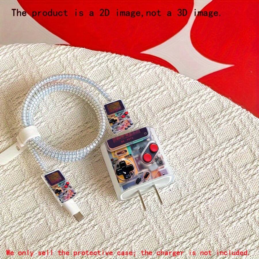 5pcs 2D Flat Design Game Console Pattern Phone Charger Protector Set Pink, Charger Protector + Cable Protector + Storage Rope + Data Cable Protector Rope Wrap (Protector Set Only, Charger Not Included), Compatible With IPhone 20W/18W Charger - Multicolor - View 1