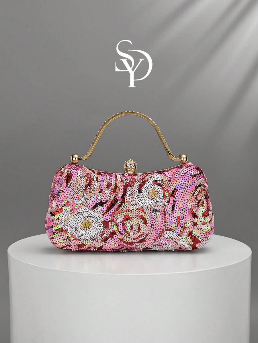 1件復古花卉亮片刺繡晚宴手拿包,水鑽金屬手柄與水晶鎖扣,重工珠飾工藝,適合婚禮派對禮服搭配,優雅復古女款手提包 - 玫紅色 - 查看 1