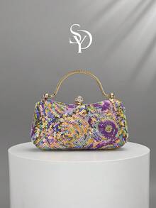 1pc Purple Heavy Sequin Evening Clutch, Rhinestone Spherical Lock With Gold Metal Handle, Vintage Beaded Craftsmanship, Elegant Exquisite Handbag For Wedding, Banquet, Party And Dress Matching - Mauve Purple - View 1