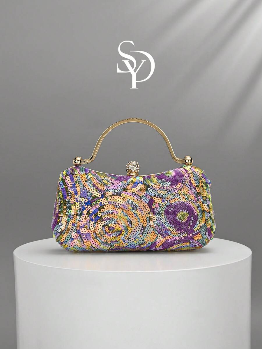 1pc Purple Heavy Sequin Evening Clutch, Rhinestone Spherical Lock With Gold Metal Handle, Vintage Beaded Craftsmanship, Elegant Exquisite Handbag For Wedding, Banquet, Party And Dress Matching - Mauve Purple - View 1