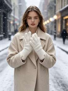 1 Pair Women's Plush Knitted Winter Gloves, Soft Fluffy Full Finger Warm Gloves With Fabric Label Decor, Windproof Hand Protection For Low-Temperature Environments, Suitable For Daily Commute, Shopping, Walking, Driving; Versatile Colorful Winter Accessory, Perfect As A Holiday Gift For Women And Girlfriends - White - View 2