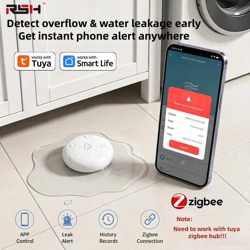 RSH Detektor Kebocoran Air Tuya Zigbee, Alarm Sensor Air Pintar dengan Notifikasi Push Aplikasi & Rekaman Riwayat, Sensor Pemantauan Kebocoran Banjir untuk Kamar Mandi, Dapur, dan Ruang Bawah Tanah, Membutuhkan Hub Tuya Zigbee