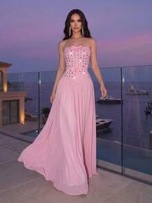 New Pink Sexy Sleeveless Backless Heavy Rhinestone Bow Mesh Patchwork Bandage Long Dress, Elegant Women's Formal Evening Gown - Pink - View 1