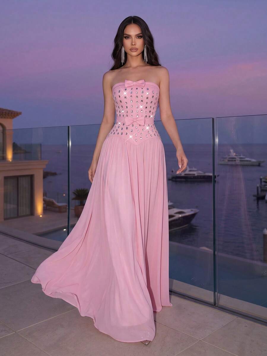 New Pink Sexy Sleeveless Backless Heavy Rhinestone Bow Mesh Patchwork Bandage Long Dress, Elegant Women's Formal Evening Gown - Pink - View 1