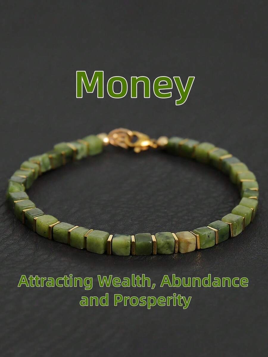 1pc Unisex Natural Canadian Stone Square Bead Bracelet With Gold Spacer Beads And Lobster Clasp, Minimalist Bohemian Style, Versatile Summer Accessory, Ideal Gift For Men - Canadian Stone - View 1