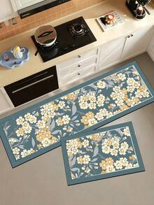 1 Pc Deep Blue Flower Pattern Kitchen Mat, 3.5 Mm Soft Rubber That Absorbs Water And Is Easy To Clean. Suitable For Corridors, Bathrooms, Living Rooms, Outdoor Door Mats, And Toilets. Useable Throughout The Year And For Various Holidays. - Multicolor - View 10
