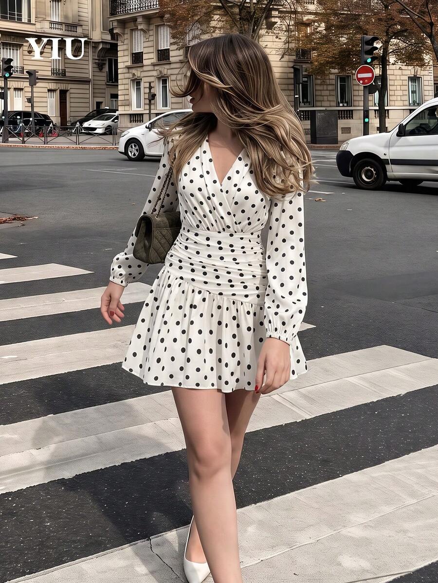 YIU Women's Fashion White Polka Dot Short Dress, Elegant Long Sleeve, Slim Fit A-Line Skirt Design, Asymmetrical Hem - Apricot - View 1