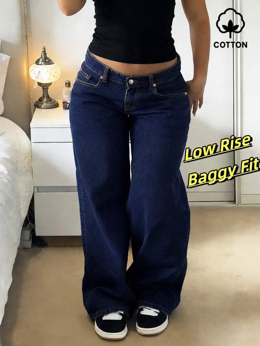MYOURSA Women's Loose Low-Waist Wide-Leg Distressed Jeans, Retro Vintage Street Style Y2K Aesthetic Casual Spring Fall - Dark Wash - View 1