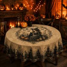 Halloween Tablecloth, Gothic Witch Tablecloth With Magic Cauldron, Witch Hat, Black Cat, Pumpkin, Bat, Moon And Haunted Castle Pattern, Vintage Autumn Dining Room Decor, Suitable For Kitchen, Party Gathering, Indoor And Outdoor Use - M - View 1