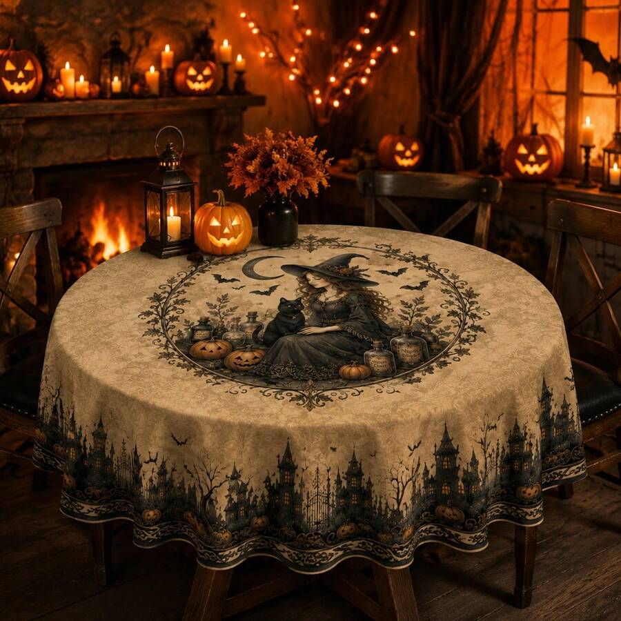 Halloween Tablecloth, Gothic Witch Tablecloth With Magic Cauldron, Witch Hat, Black Cat, Pumpkin, Bat, Moon And Haunted Castle Pattern, Vintage Autumn Dining Room Decor, Suitable For Kitchen, Party Gathering, Indoor And Outdoor Use - M - View 1