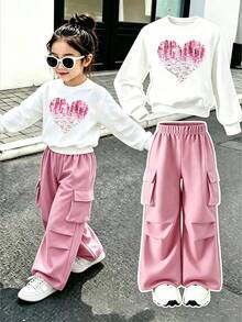 女童卡通愛心印花保暖圓領衛衣與工裝褲套裝 - 白色 - 查看 1