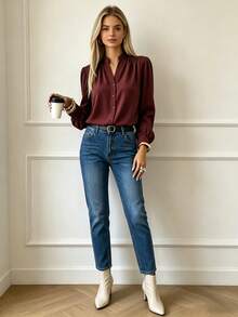 Women's Elegant Solid Color Casual Commute Single-Breasted Notched Collar Long Sleeve Blouse - Redwood - View 5
