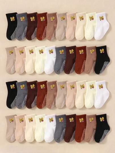 5/10/20 Pairs Random Baby Bows Non-Slip Grip Socks, Athletic Fall Socks For Toddler, Newborn Essentials, Halloween, Baby Shower Gifts, Fall Decor