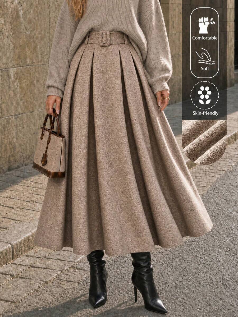 EARO 女士高腰显瘦灰色百搭优雅宽松日常通勤休闲设计弹性腰带可调节A字裙 春季款 - 卡其色 - 查看 1
