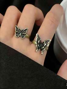 2 buah Cincin Minimalis Vintage Motif Kupu-kupu & Bunga Hijau yang Dapat Diatur Ukurannya, Cocok untuk Pemakaian Sehari-hari Wanita, Foto, Hadiah Valentine - Hijau - View 14