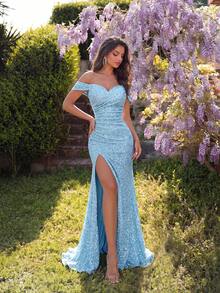 ADYCE 女款優雅亮面單肩高腰百褶開衩拖地晚禮服，適合舞會、生日派對、約會、返校日、婚禮 - 藍色 - 查看 3
