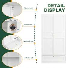 Metal Armoire Wardrobe Closet Tall Steel Clothes Storage Cabinet Unit With Hanging Rod Adjustable Shelves Storage Drawer Organizer Holder For Bedroom Office, White - White - View 5