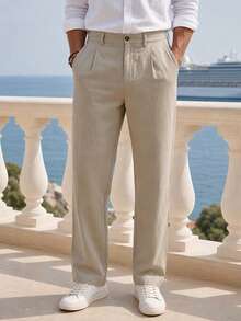 DAZY Men's Linen Casual Loose Fit Business Suit Pants, Straight Leg, Solid Color, Suitable For Spring And Autumn - Khaki - View 5