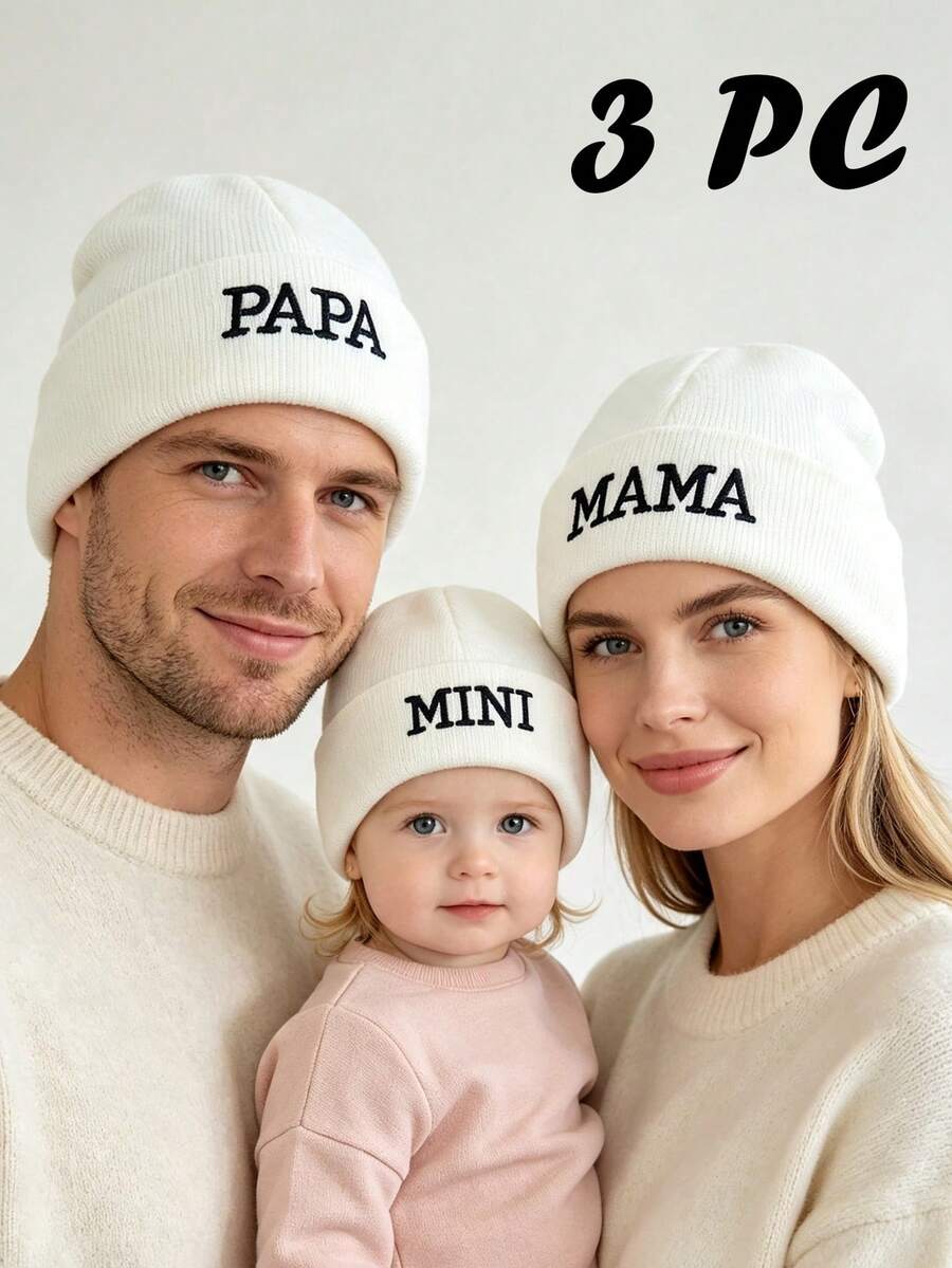 3件組家庭針織毛帽冬季套裝,柔軟保暖舒適,DAD MAM MINI字母刺繡,無帽簷帽,適合戶外運動 - 彩色 - 查看 1