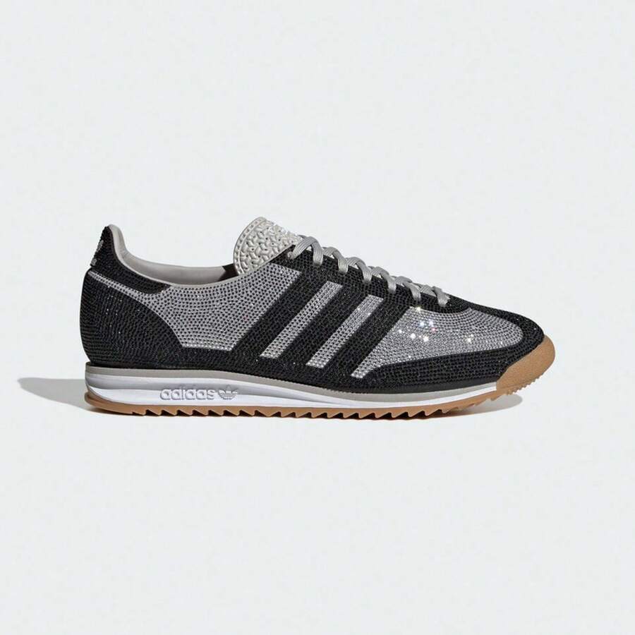 Adidas SL72 OG Ladies Retro T Shape Toe Shoes Sparkle Rhinestone Detail Thin Flat Rubber Sole Soft Cushioned Lightweight Vintage Athleisure Lace Up Daily Walking Street Style Sneakers - Black Silver - View 1