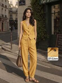 Conjunto de blazer, chaleco y pantalones de lino casual para mujer, primavera/verano - Amarillo Mostaza - Ver 1