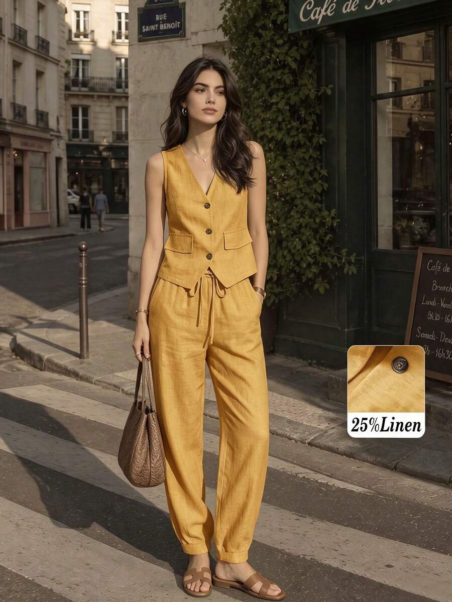Conjunto de blazer, chaleco y pantalones de lino casual para mujer, primavera/verano - Amarillo Mostaza - Ver 1