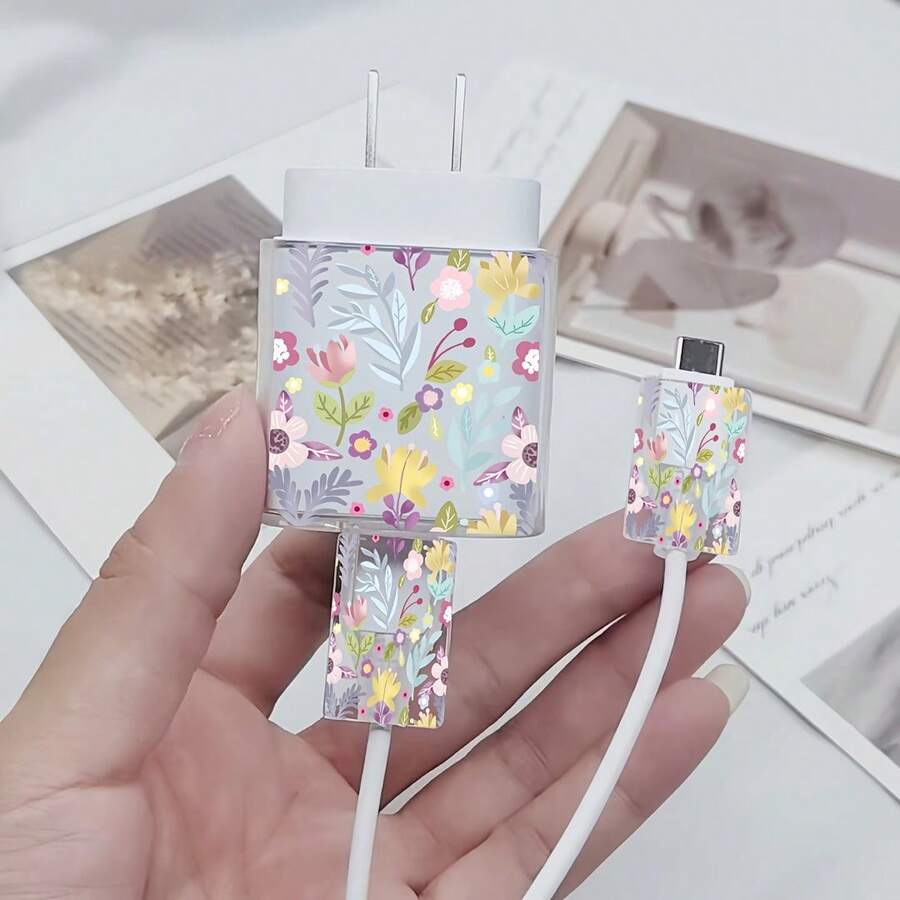 3件組鮮豔花卉卡通圖案充電器保護套,相容 Galaxy,透明 TPU,含線材與接頭保護套,理想禮物 - 彩色 - 查看 1