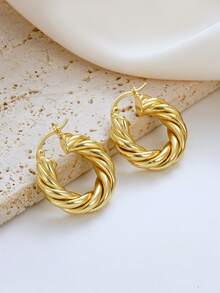 1pc European & American Luxury Style Thick Twisted Rope Hoop Earrings, Copper Plated Gold Hollow Lightweight Clip-On Earrings, High-End Versatile Commute Party Elegant Women's Jewelry - Gold - View 4