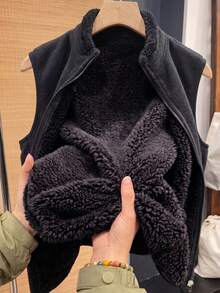 Women's Fleece Vest Jacket, Warm And Soft, With Zipper Pockets, Sleeveless, Thickened Fleece Vest - Black - View 3