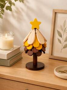 Wooden Christmas Tree Coaster Set With Yellow Star Topper, Heat-Resistant Leaf-Shaped Drink Coasters With Base, Mini Christmas Tree Desktop Decor, 2-In-1 Home & Office Desk Ornament, Unique Christmas Housewarming Gift - View 8