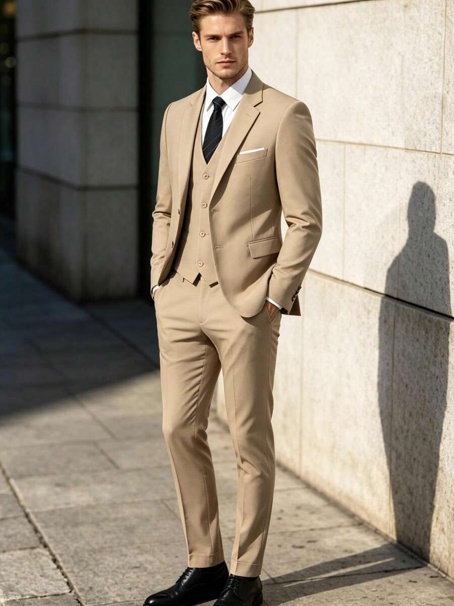 Setelan Jas Formal Pria 3 Potong Slim Fit, Blazer Kancing Tunggal 2 Kancing, Rompi Leher V, Celana Panjang, Jas Bisnis Pernikahan Musim Semi/Panas