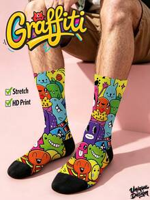 酷炫360°印花男士襪，趣味怪獸彩色多巴胺圖案，搖滾嘻哈街頭風，高清彈性情侶襪，日常度假派對穿搭禮物 - 黃色 - 查看 8