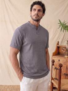 glestore 男士復古美式「老錢風」純色經典羅紋領短袖 Polo 衫，時尚百搭通勤休閒穿搭 - 灰色 - 查看 1