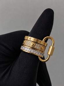 1/4pcs Women's Luxury Zirconia Star & Heart Design Wide Band Stackable Rings With Clasp, Autumn Date Party Daily Wear Gift Jewelry - Gold B - View 15