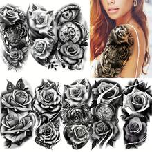 8 Sheets Realistic Black Rose Temporary Tattoos Waterproof Long Lasting Fake Body Art Monochrome Floral Designs For Half Arm, Leg, Back, Face, Thigh For Women, Men, - Multicolor - View 10