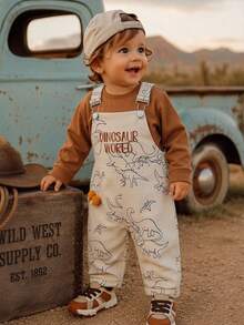 Baby Boy Casual Overalls, Dinosaur World Pattern Embroidered All-Over Print, Adjustable Shoulder Straps Infant Long Pants - Khaki - View 5
