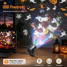 LED Halloween Projector Light 360° Dynamic Projection Smart Lamp, Includes Pumpkin, Ghost, Skeleton, Spider Patterns, Creates Wall & Ceiling Atmosphere Night Light, USB Powered Festival Party Home Decor Light - Black - View 8