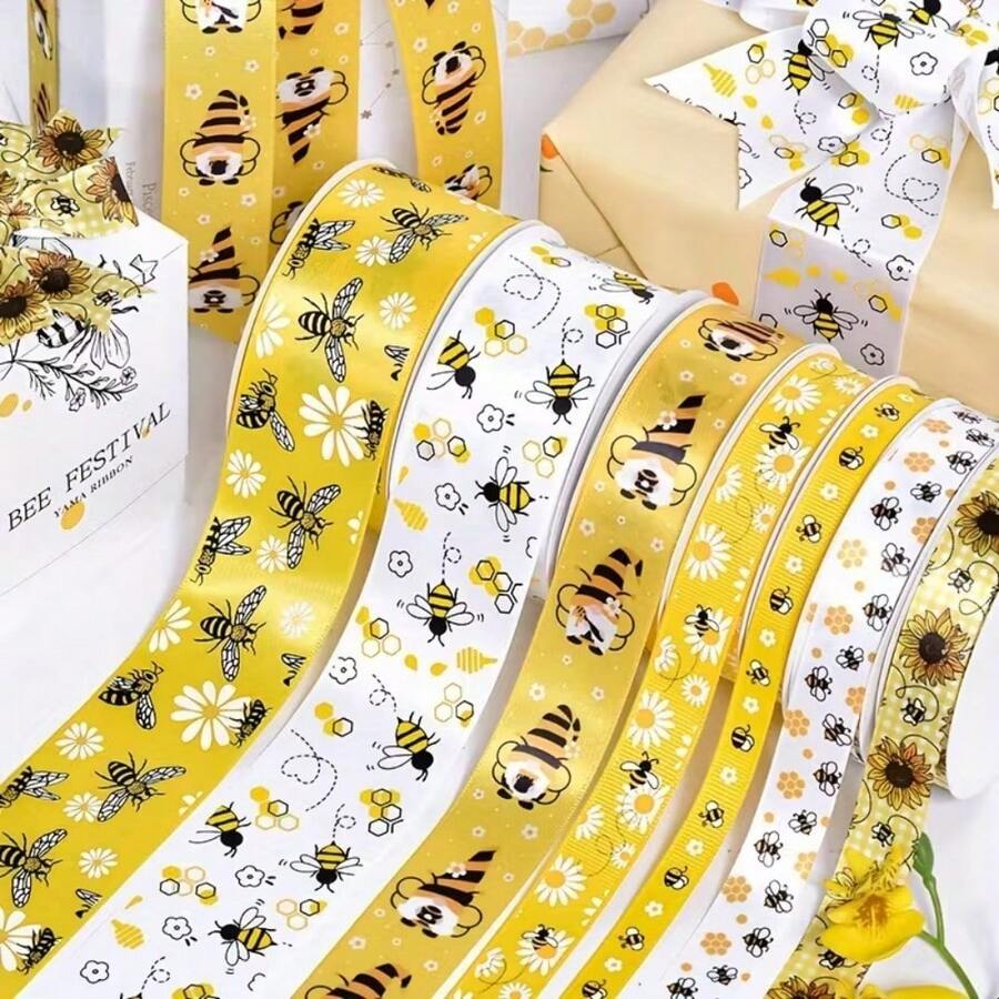 10 Yards/Roll Bee Satin Ribbon, Bee Day Decorative Ribbon, Floral Bee Striped Polka Dot Yellow Ribbon, Multiple Widths, For Gift Wrapping, DIY Crafts, Gift Wrapping Bows, Party Decoration, Christmas, Halloween - Multiple Styles - View 1