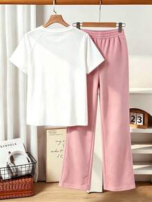 2pcs Kids DTG Rock Dinosaur Guitar Print Outfit, Raglan Short‑Sleeve Tee & Side Stripe Pink Wide Leg Pants Set - White - View 3