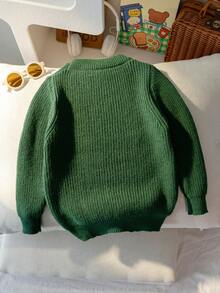 男童休閒學院風純色字母與足球刺繡圓領長袖針織套頭毛衣，適合日常穿著、校園、戶外，春季、秋季、冬季 - 綠色 - 查看 2