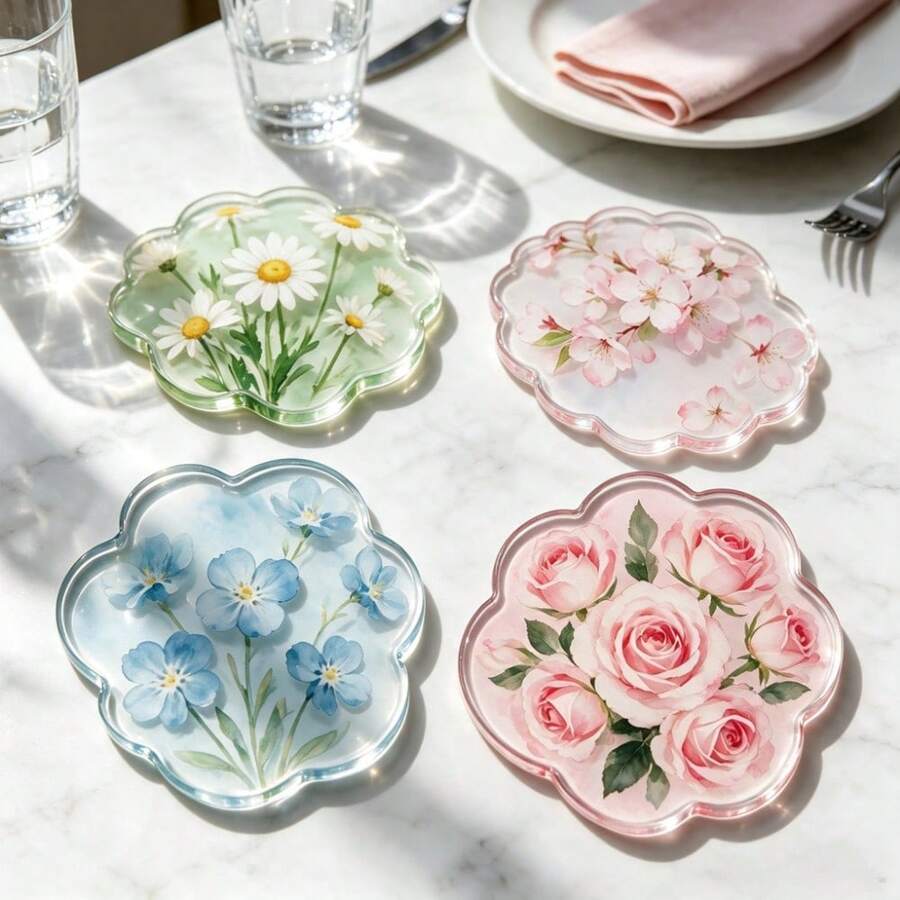 1/4PCS Watercolor Floral Acrylic Coasters, Asymmetrical Flower Transparent Heat-Resistant Coasters. Cherry Blossom, Forget-Me-Not, Rose Pattern Waterproof Tea Cup Coasters, Ins New Style Coasters, Heat-Resistant Coaster Set, Protect Tabletop From Hot Drinks, Cups And Plates Contamination - , Suitable For Office, Restaurant, Cafe - Multicolor - View 1